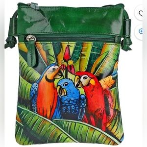 Sukriti Macaw Pattern Hand Painted Green Leather Crossbody Bag